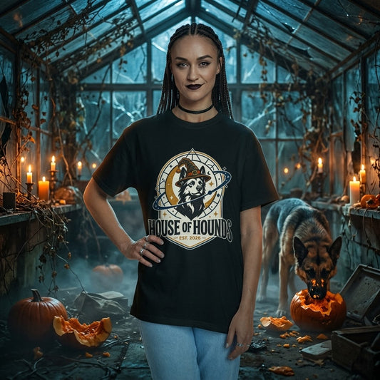 House of Hounds Witch Dog Halloween Logo Tee | Comfort Colors 1717 Unisex Garment-Dyed T-Shirt
